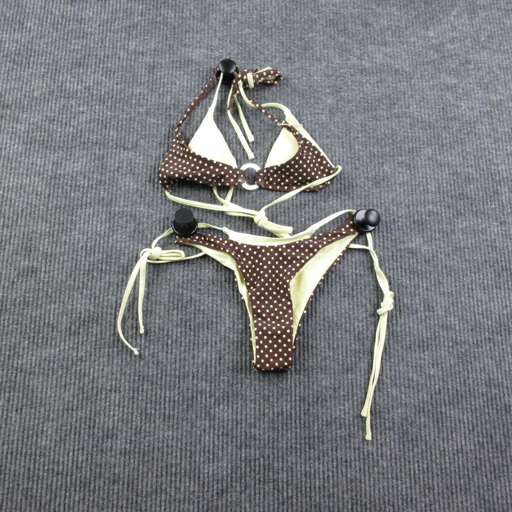 SEAMOLLY Bikini Womens XS Brown Polka Dot Triangle Halter Thong Lined NWT
